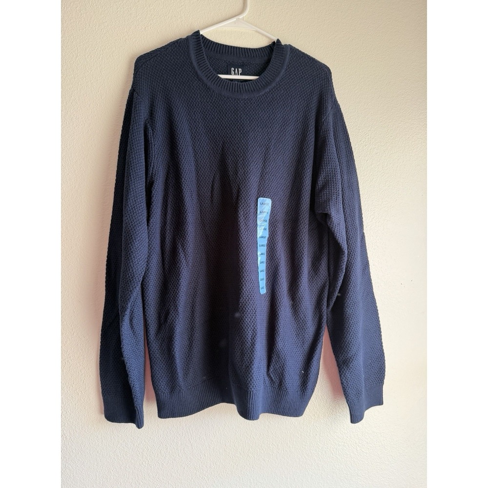 GAP Mens LARGE Seed Stitch Crew Neck Ribbed Cuffs Sweater Blue NWT